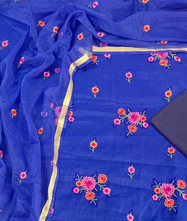 Kota Doria Unstitched Salwar Suit with Plain Bottom - Leheriya