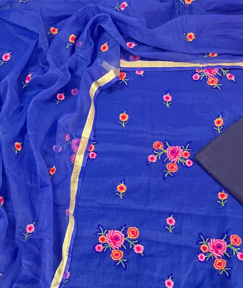 Kota Doria Unstitched Salwar Suit with Plain Bottom - Leheriya