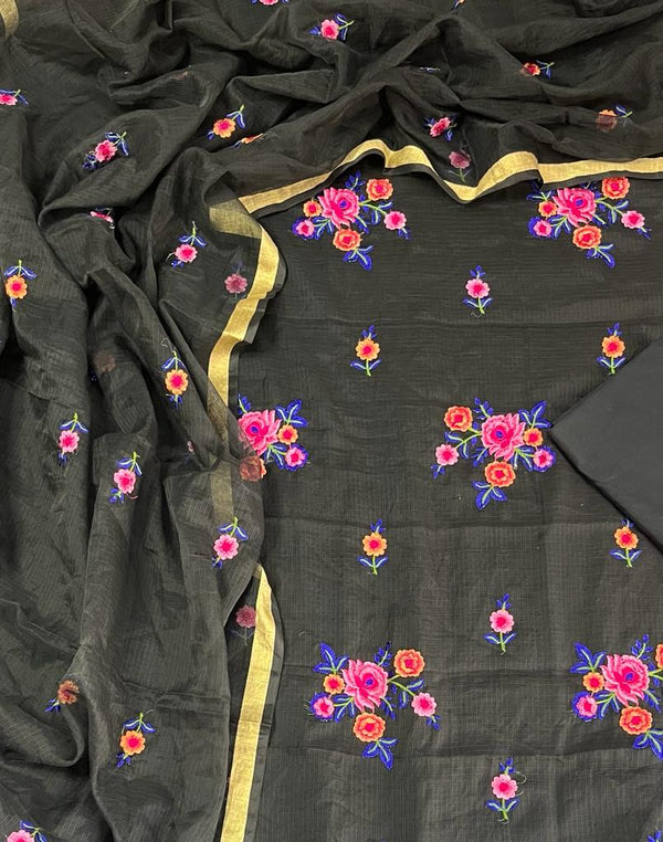 Kota Doria Unstitched Salwar Suit with Plain Bottom - Leheriya