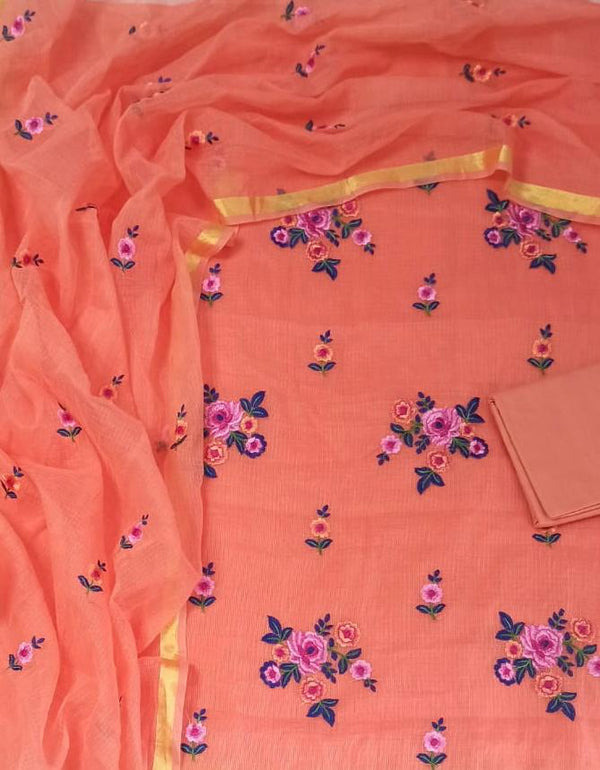 Kota Doria Unstitched Salwar Suit with Plain Bottom - Leheriya