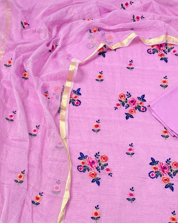 Kota Doria Unstitched Salwar Suit with Plain Bottom - Leheriya