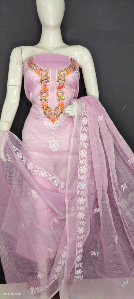 Kota Doria with Colourful Neck Embroidery - Leheriya