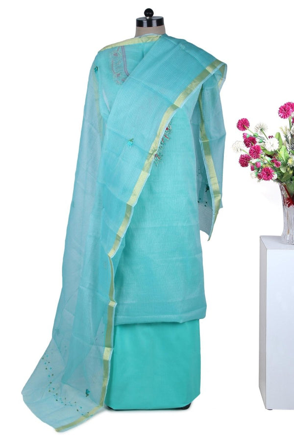 Kota Doria with Embroidery Detailing over Neck - Leheriya