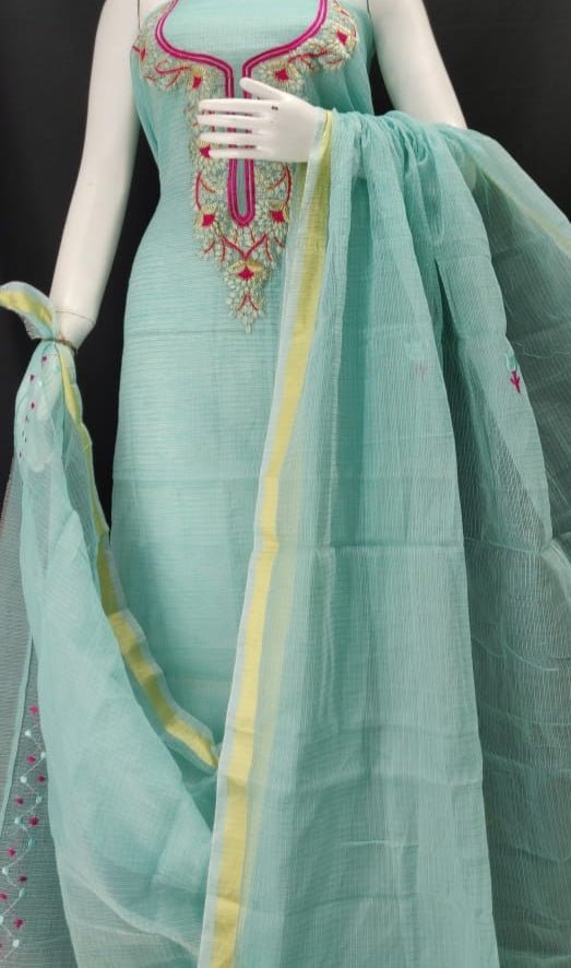 Kota Doria with Embroidery Detailing over Neck - Leheriya