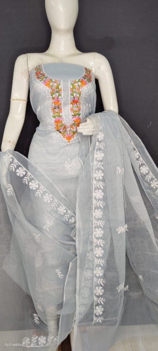 Kota Doria with Neck Embroidery - Leheriya