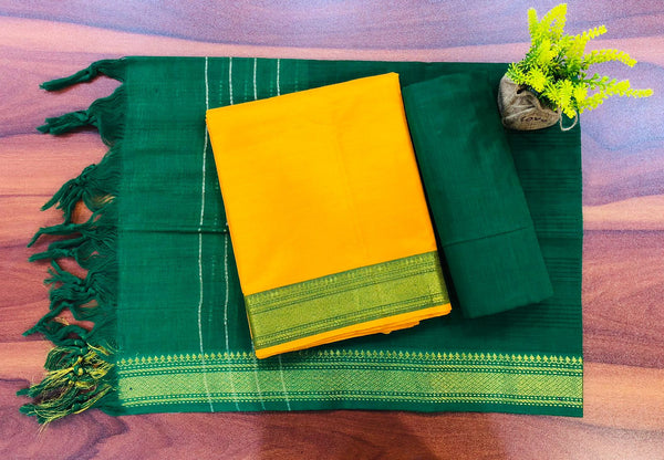 South Cotton Mangalgiri 3pc Salwar Suit  | Color Yellow & Green |