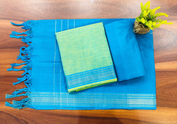 South Cotton Mangalgiri 3pc Salwar Suit  | Color Soft Teal & Blue |