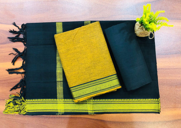 South Cotton Mangalgiri 3pc Salwar Suit  | Yellow & Gable Green |