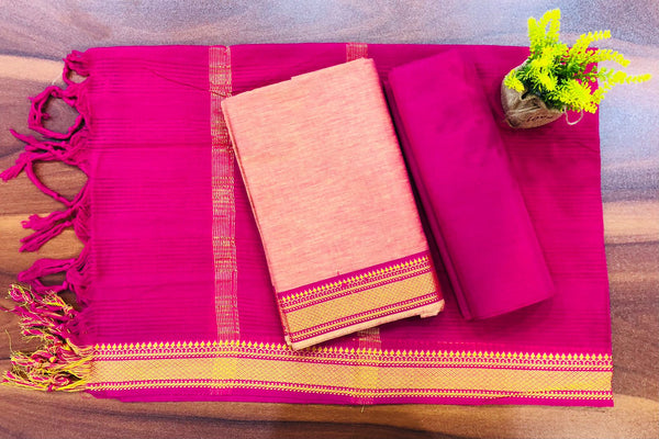 South Cotton Mangalgiri 3pc Salwar Suit  | Rose Bud & Dark Pink |