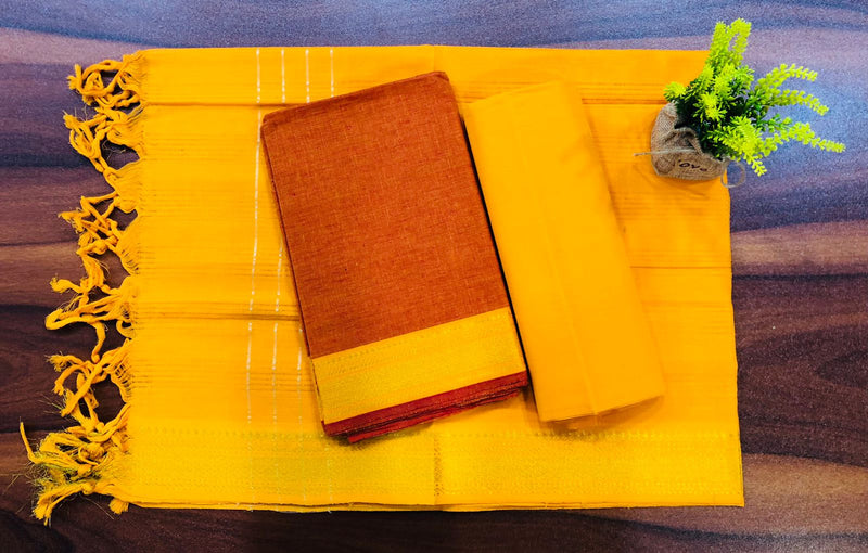 South Cotton Mangalgiri 3pc Salwar Suit  | Rust Orange & Yellow |