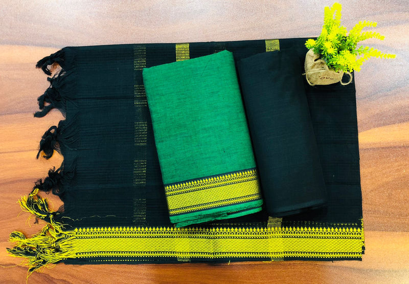 South Cotton Mangalgiri 3pc Salwar Suit  | Color Green & Dark |