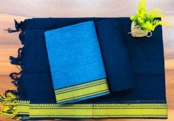 South Cotton Mangalgiri 3pc Salwar Suit  | Blue & Navy |