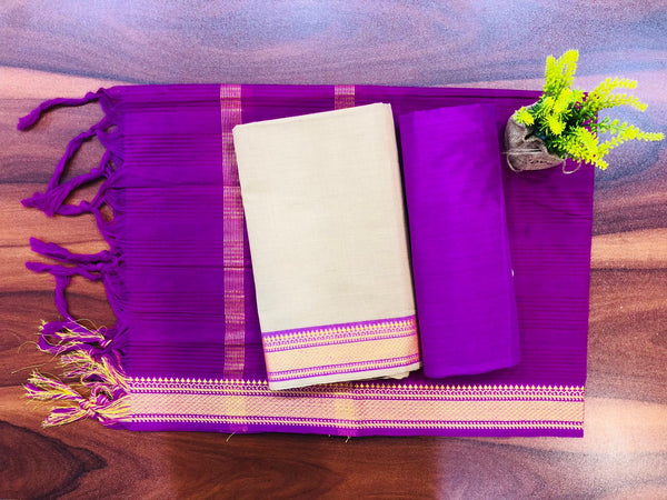 South Cotton Mangalgiri 3pc Salwar Suit  | Beige & Vibrant Purple |