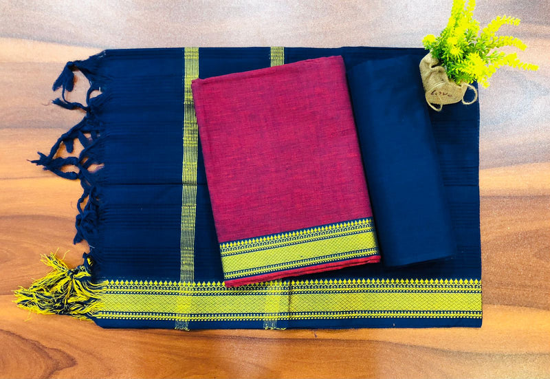 South Cotton Mangalgiri 3pc Salwar Suit | Pink & Blue |