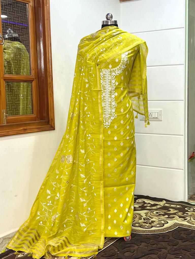 Leheriya Exclusive Banarasi Chanderi Silk Embroidery Suit Paired with Heavy Embroidery Chanderi Dupatta - Leheriya