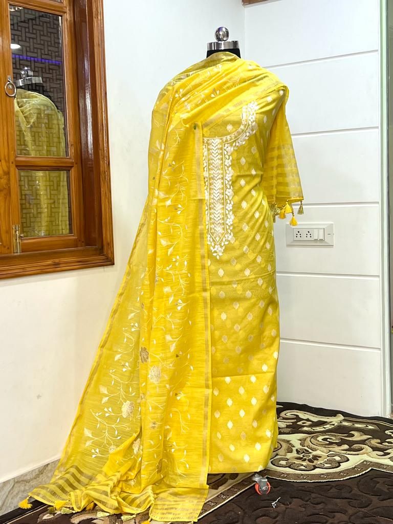 Leheriya Exclusive Banarasi Chanderi Silk Embroidery Suit Paired with Heavy Embroidery Chanderi Dupatta - Leheriya