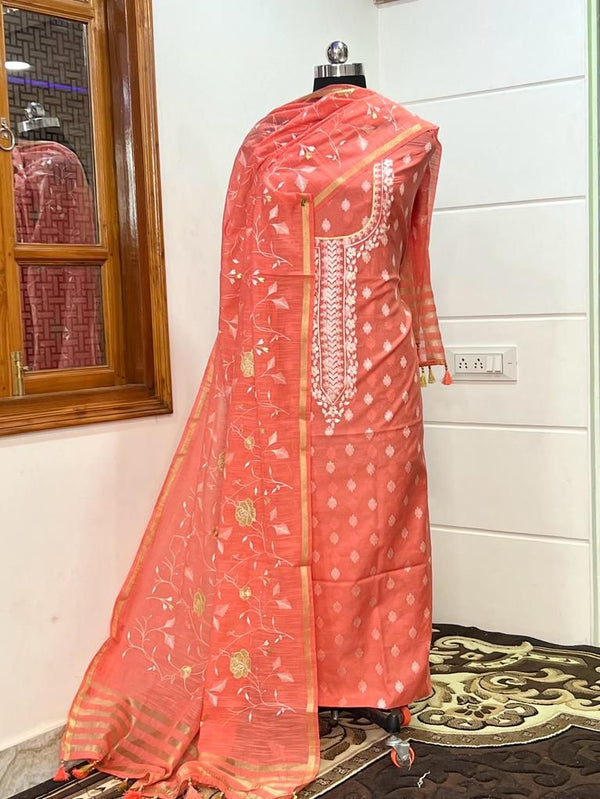 Leheriya Exclusive Banarasi Chanderi Silk Embroidery Suit Paired with Heavy Embroidery Chanderi Dupatta - Leheriya