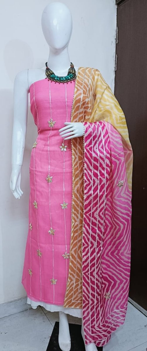 Leheriya Kota Doria Salwar Suit with Kacha Gota Patti Work - Leheriya