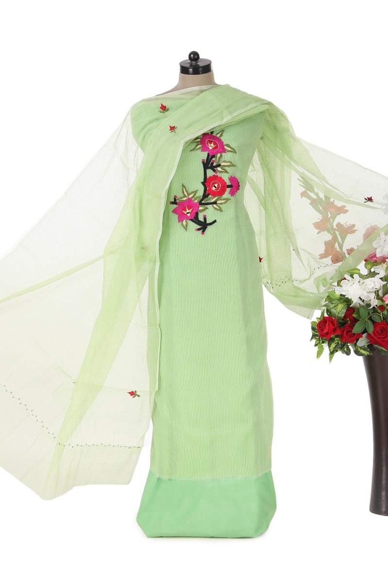 Light Green Kota Doria Salwar Kameez with Embroidery Front Detailing - Leheriya