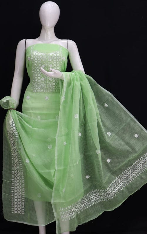 Light Green Kota Doria Salwar Suit with Embroidery - Leheriya