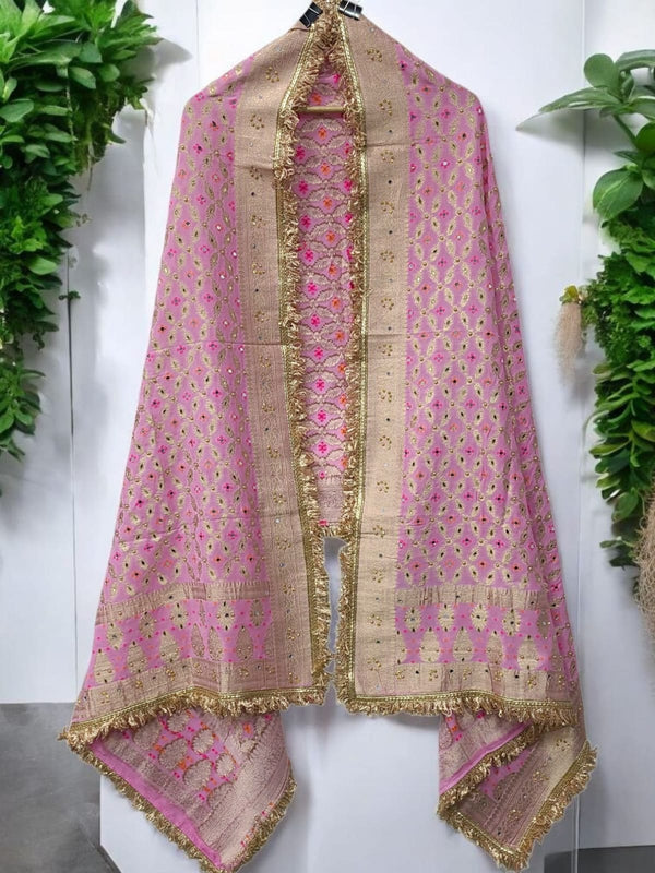 Light Pink Color Leheriya Exclusive Bridal Bandhani Real Mirror Work Dupatta - Leheriya