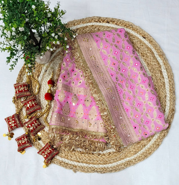 Light Pink Color Leheriya Exclusive Bridal Bandhani Real Mirror Work Dupatta - Leheriya