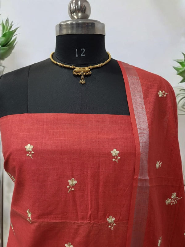 Linen Cotton Blend Embroidery Bhagalpuri 3 pc Salwar Suit Set - Leheriya