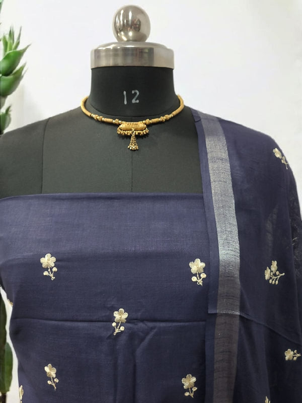Linen Cotton Blend Embroidery Bhagalpuri 3 pc Salwar Suit Set - Leheriya