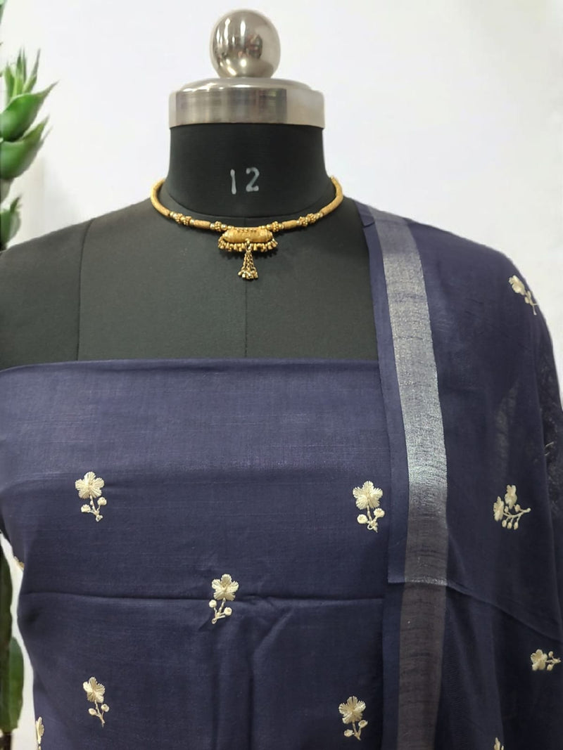 Linen Cotton Blend Embroidery Bhagalpuri 3 pc Salwar Suit Set - Leheriya
