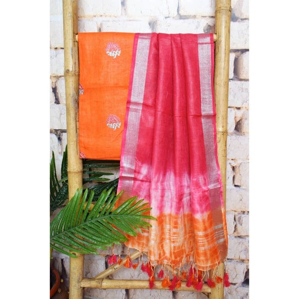 Linen Cotton Salwar Suit with Top Embroidery Work and Shibori Dupatta - Leheriya