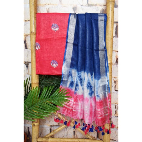 Linen Cotton Salwar Suit with Top Embroidery Work and Shibori Dupatta - Leheriya