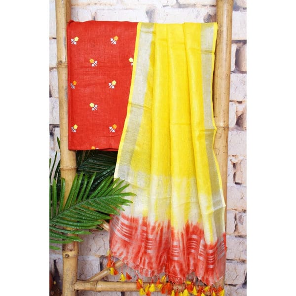 Linen Cotton Salwar Suit with Top Embroidery Work and Shibori Dupatta - Leheriya