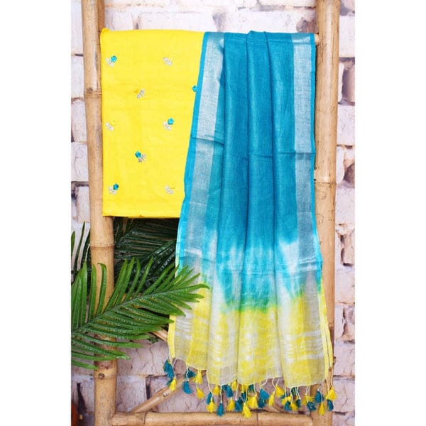 Linen Cotton Salwar Suit with Top Embroidery Work and Shibori Dupatta - Leheriya