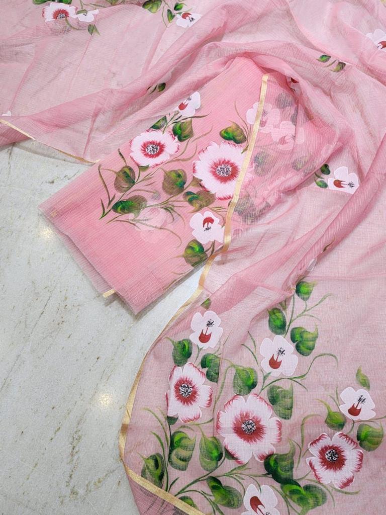 Hand Painted Kota Doria Salwar Suit | Sea Pink |