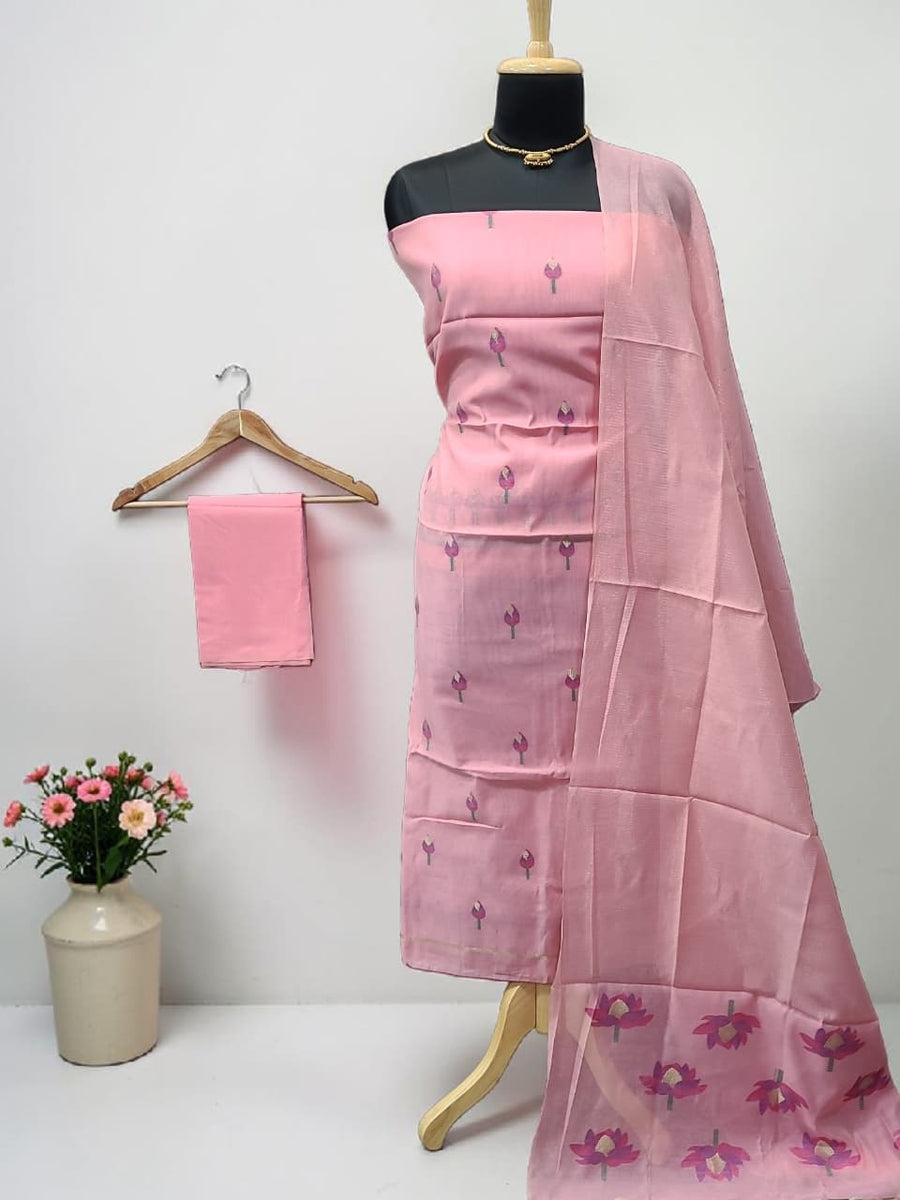 white christmas dresses Pure Ektara Cotton Jamdani Banarasi Dress Material – The Crafts Banaras main image 0
