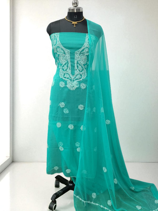 Lucknow Chikankari Hand Embroidery Chiffon Georgette 3 Pc Unstitched Salwar Suit with Georgette Dupatta || Aqua Marine Color|| - Leheriya