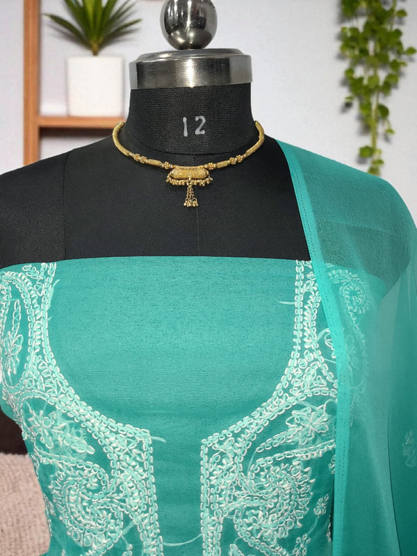 Lucknow Chikankari Hand Embroidery Chiffon Georgette 3 Pc Unstitched Salwar Suit with Georgette Dupatta || Aqua Marine Color|| - Leheriya