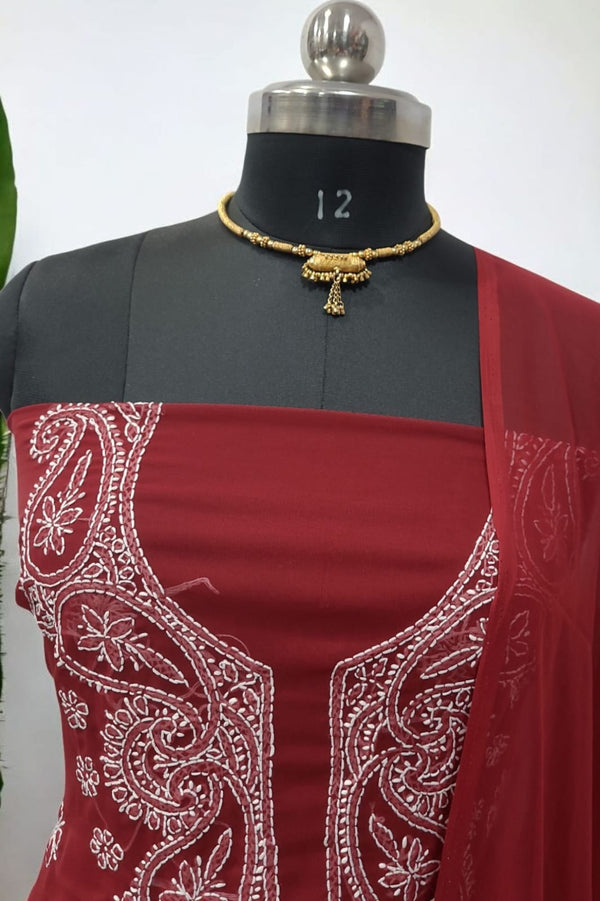 Lucknow Chikankari Hand Embroidery Chiffon Georgette Unstitched Salwar Suit with Georgette Dupatta - Leheriya