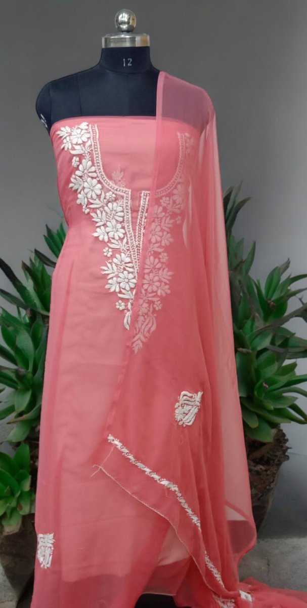 Lucknow Chikankari Hand Embroidery Chiffon Georgette Unstitched Salwar Suit with Georgette Dupatta - Leheriya