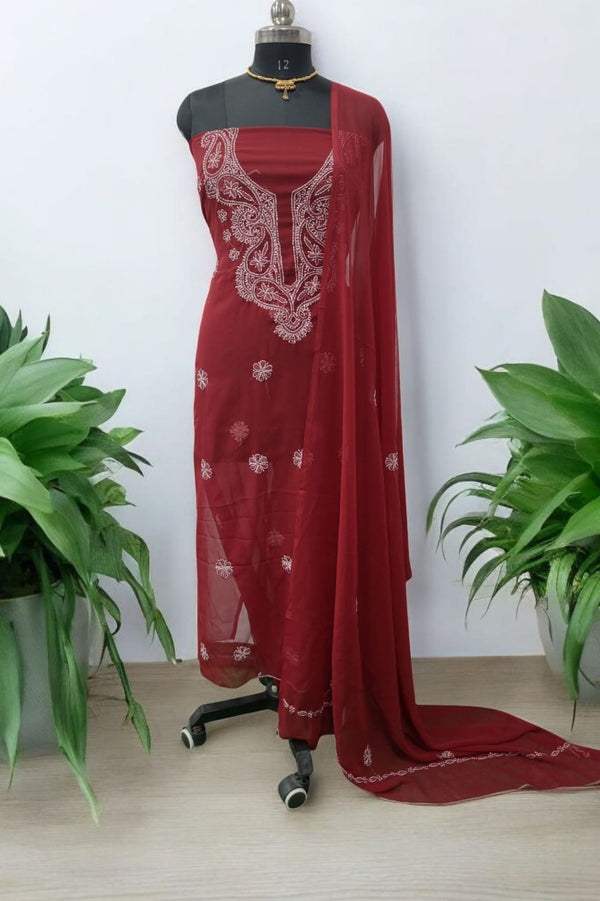 Lucknow Chikankari Hand Embroidery Chiffon Georgette Unstitched Salwar Suit with Georgette Dupatta - Leheriya