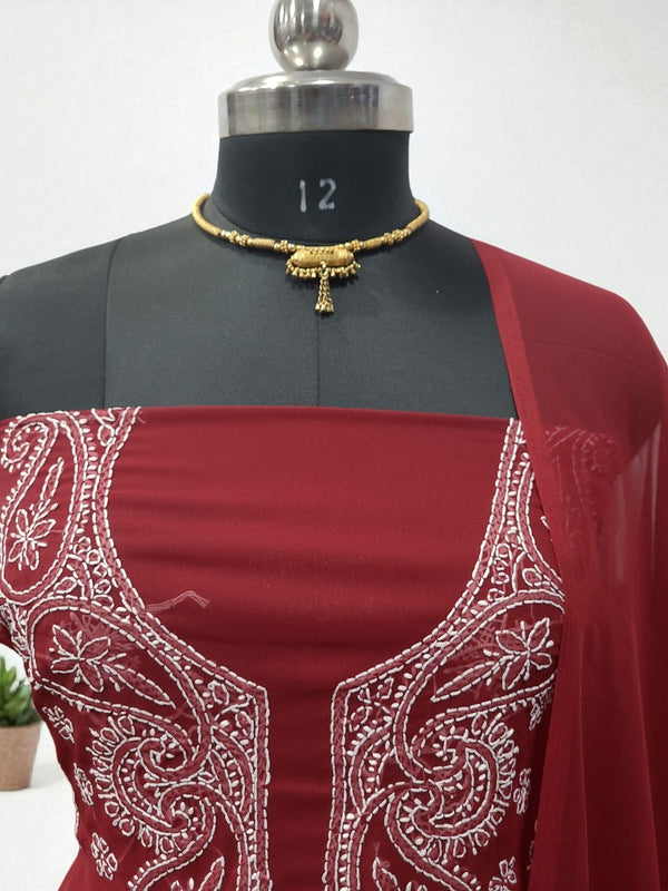 Lucknow Chikankari Hand Embroidery Chiffon Georgette Unstitched Salwar Suit with Georgette Dupatta || Maroon Color || - Leheriya