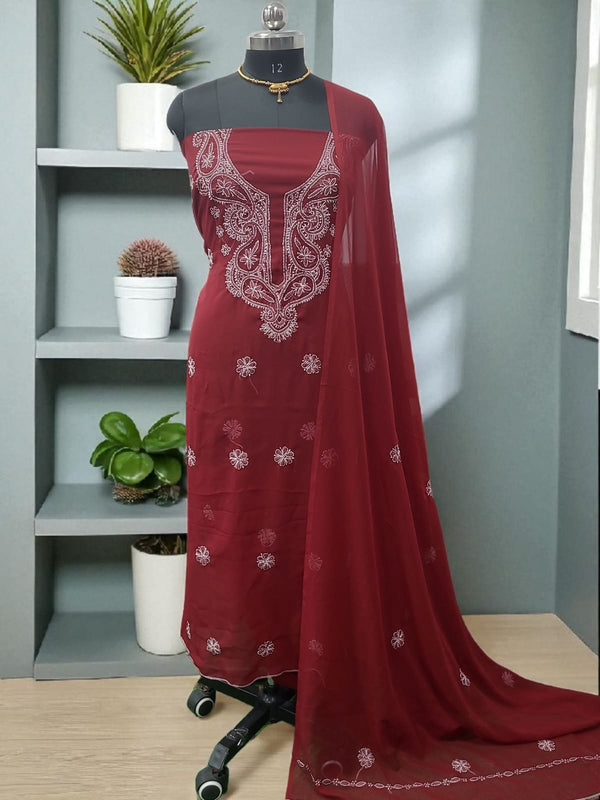 Lucknow Chikankari Hand Embroidery Chiffon Georgette Unstitched Salwar Suit with Georgette Dupatta || Maroon Color || - Leheriya