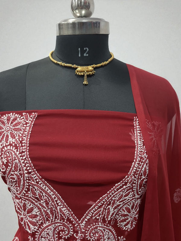 Lucknow Chikankari Hand Embroidery Chiffon Georgette Unstitched Salwar Suit with Georgette Dupatta || Maroon Color || - Leheriya