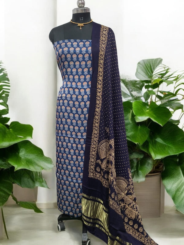 Luxurious Gaji Silk Natural Ajrakh 2 pc Salwar Suit - Leheriya