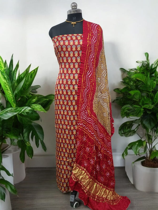 Luxurious Gaji Silk Natural Ajrakh 2 pc Salwar Suit - Leheriya
