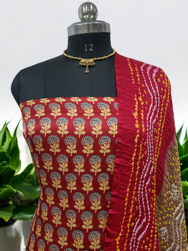 Luxurious Gaji Silk Natural Ajrakh 2 pc Salwar Suit - Leheriya