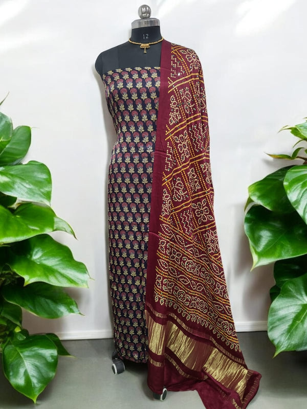 Luxurious Gaji Silk Natural Ajrakh 2 pc Salwar Suit - Leheriya