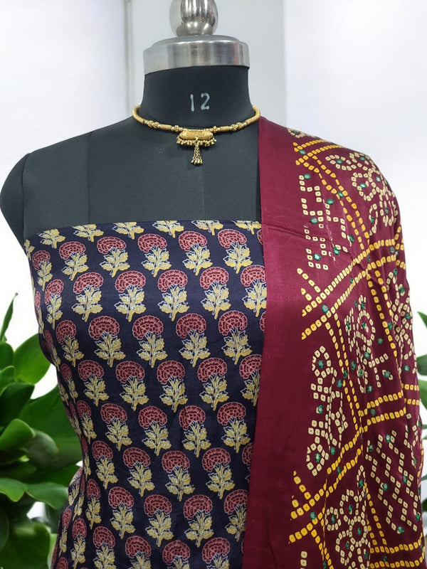 Luxurious Gaji Silk Natural Ajrakh 2 pc Salwar Suit - Leheriya