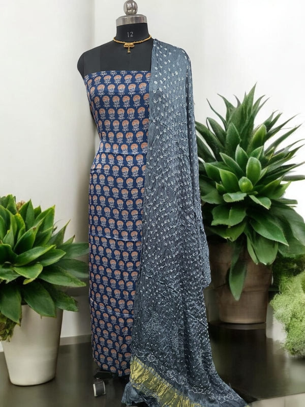Luxurious Gaji Silk Natural Ajrakh 2 pc Salwar Suit with Bandhani Dupatta - Leheriya
