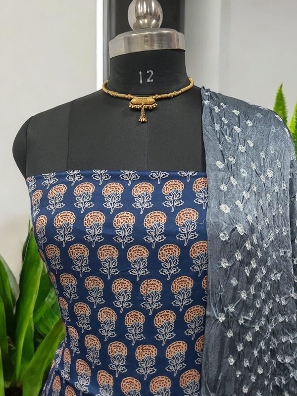 Luxurious Gaji Silk Natural Ajrakh 2 pc Salwar Suit with Bandhani Dupatta - Leheriya